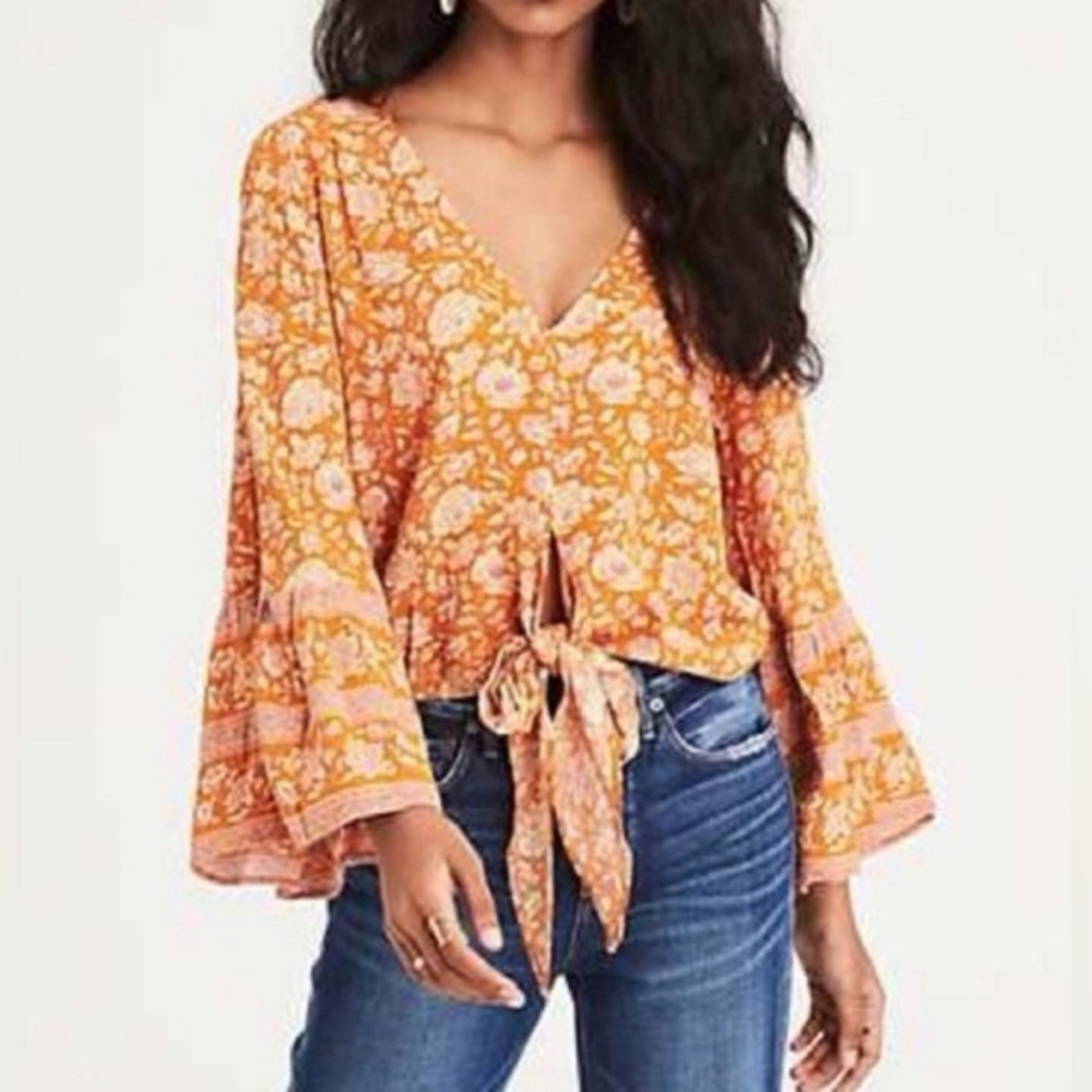 American Eagle • Bell Sleeve Tie Front Floral Blouse